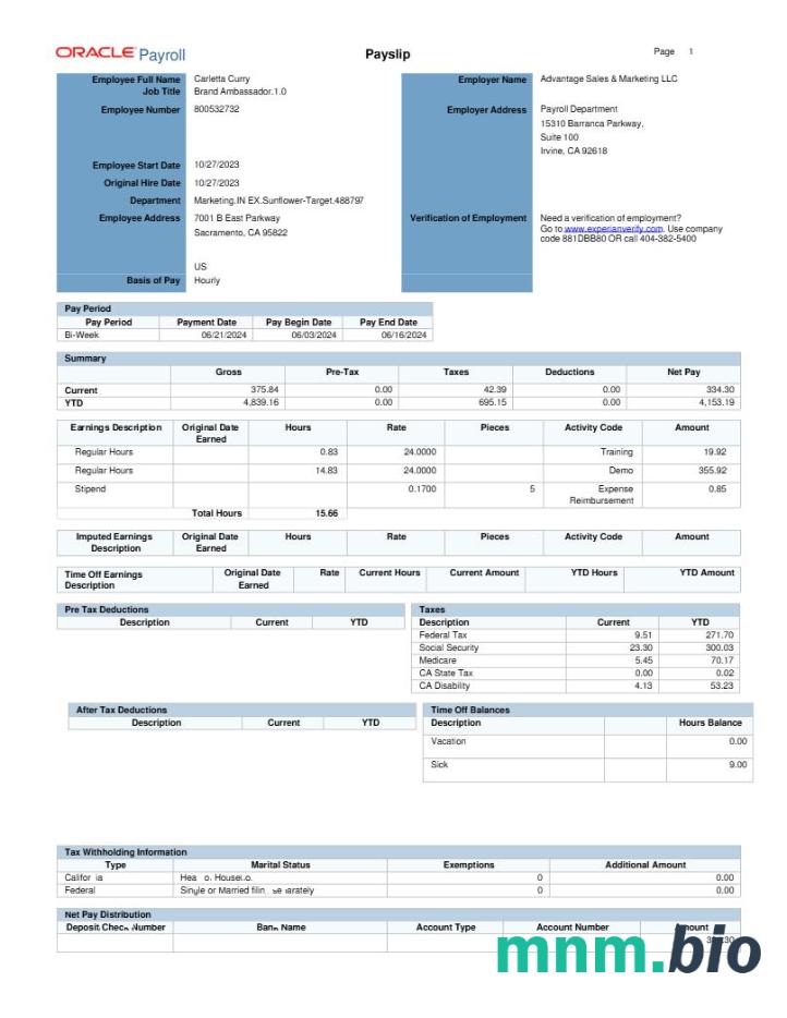 Szablon odcinka wypłaty Oracle Payroll Advantage Sales & Marketing LLC w formatach Word i PDF